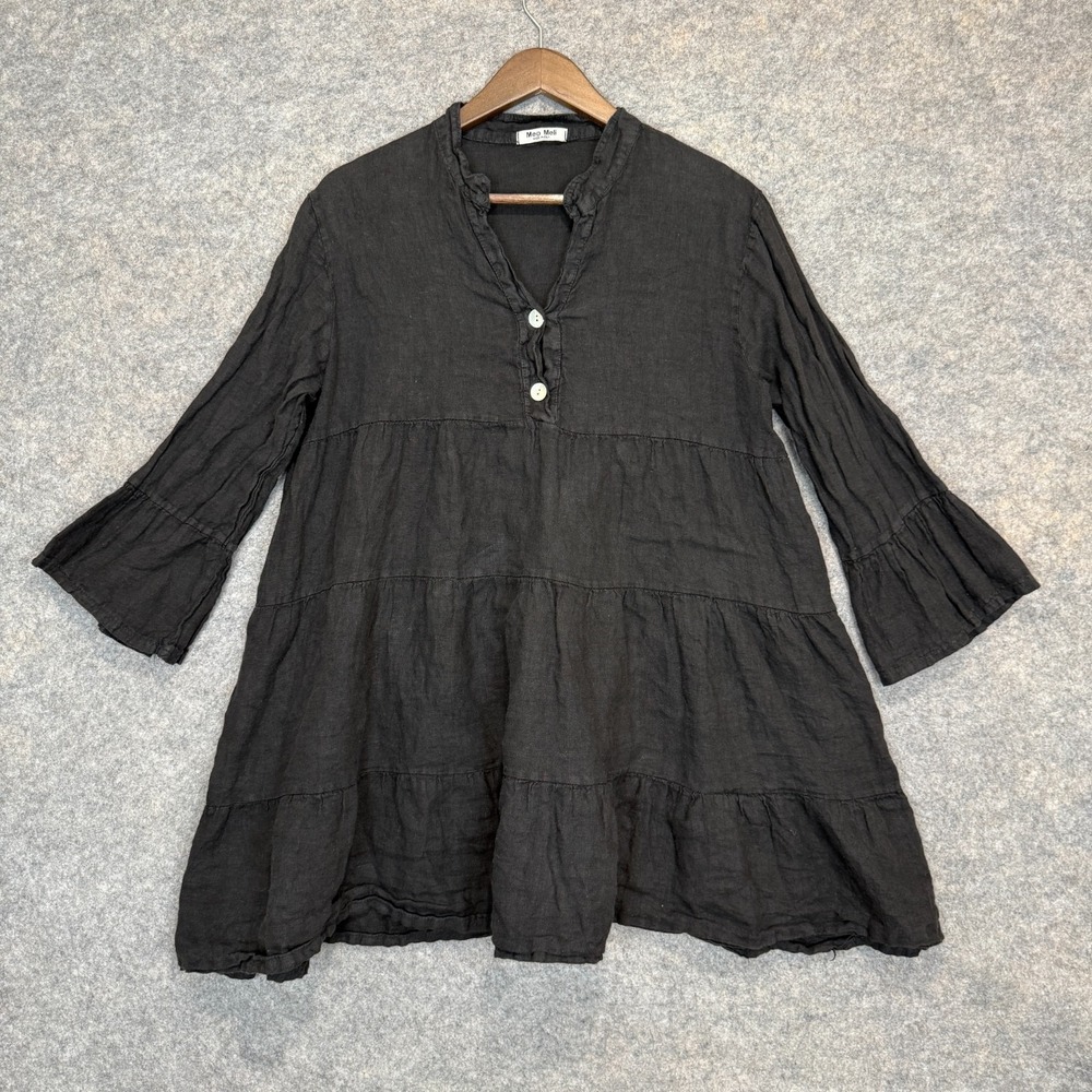 Meo Meli 100% Linen Tunic Womens One Size OS Ruffled Button V Neck Flared Italy